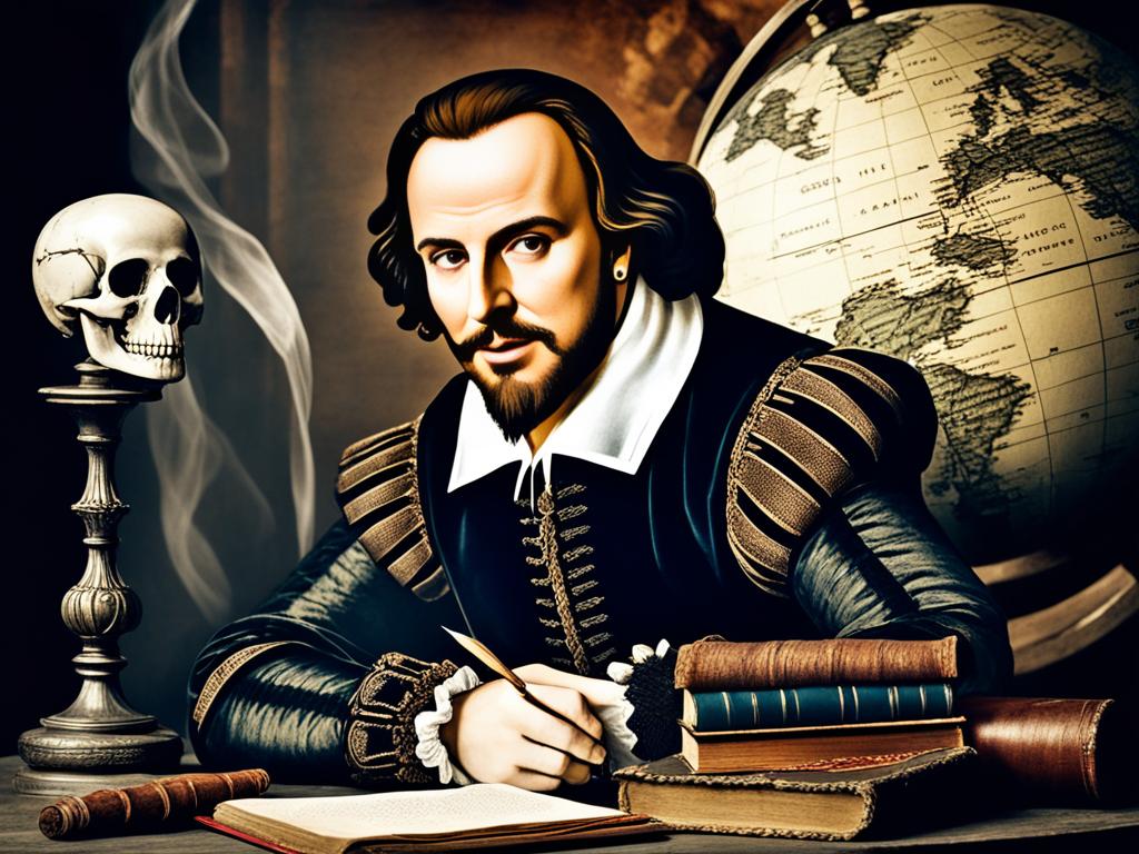 A portrait of William Shakespeare against a backdrop of the Globe Theatre, with a quill pen and inkwell on a nearby table. The image evokes a sense of the Elizabethan era through muted colors and traditional clothing. A faint image of a skull or other symbol of mortality can be added as a nod to Shakespeare's themes of life and death.