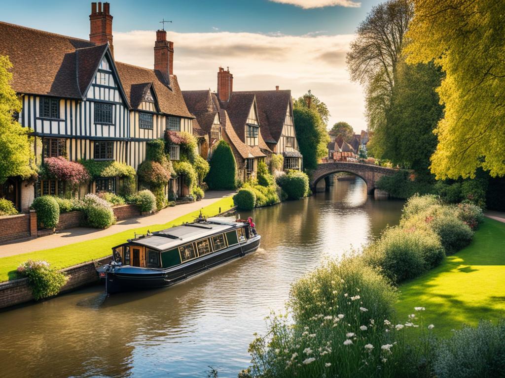 A picturesque town of Stratford-upon-Avon, showcasing its charming tudor-style architecture, cobbled streets, and the flowing river Avon that runs through it. The image highlights the town's significance as the birthplace of William Shakespeare with subtle nods to his works, such as a theatre in the background or a sign pointing towards his childhood home. The image uses warm, earthy tones to evoke a sense of nostalgia and history.