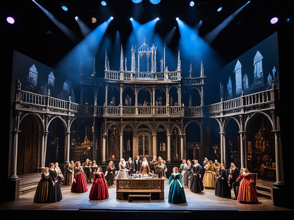 A grand stage set in the Elizabethan era, adorned with intricate details and surrounded by a sea of audience members. The stage is filled with various props and backdrops, depicting scenes from Shakespeare's most notable plays, including Romeo and Juliet, Hamlet, Macbeth, Othello, and King Lear. The lighting casts dramatic shadows and brings the characters to life on stage. The image captures the essence of Shakespeare's literary genius and the grandeur of his plays.