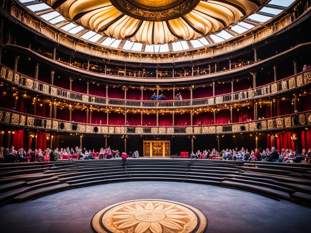 An image of the grandeur and majesty of the Globe Theatre, with its iconic circular shape, towering pillars, and intricate architecture. The image uses warm colors and dramatic lighting to evoke the excitement and energy of Shakespeare's legendary plays. It shows the bustling crowds outside, eagerly awaiting entrance to the theater, while inside, actors perform on stage amidst lush sets and vibrant costumes. The image highlights the legacy of Shakespeare by including subtle nods to his most famous works, such as props or symbols that represent characters from his plays.