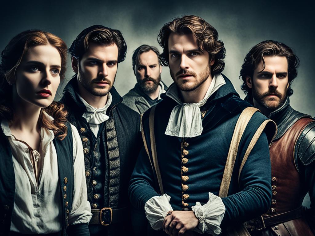 A Shakespearean-inspired image depicting a group of tragic heroes with striking and emotional expressions on their faces, each representing a different psychological or moral complexity. The image uses dramatic lighting and contrasting shadows to add depth to the scene. The details of their clothing and accessories are emphasized to convey the time period. The background is minimalistic, with faint hints of architectural elements that suggest the grandeur of Shakespeare's plays.