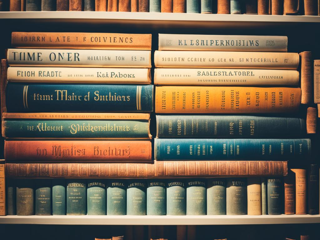 A bookshelf filled with classic literature, displaying titles from a variety of authors and time periods. The spines of the books are worn and faded, suggesting they have been well-loved and read many times. Sunlight streams in from a nearby window, casting a warm, inviting glow over the books. The image evokes a sense of nostalgia and reverence for the timeless masterpieces of literature that have captured readers' hearts for generations.