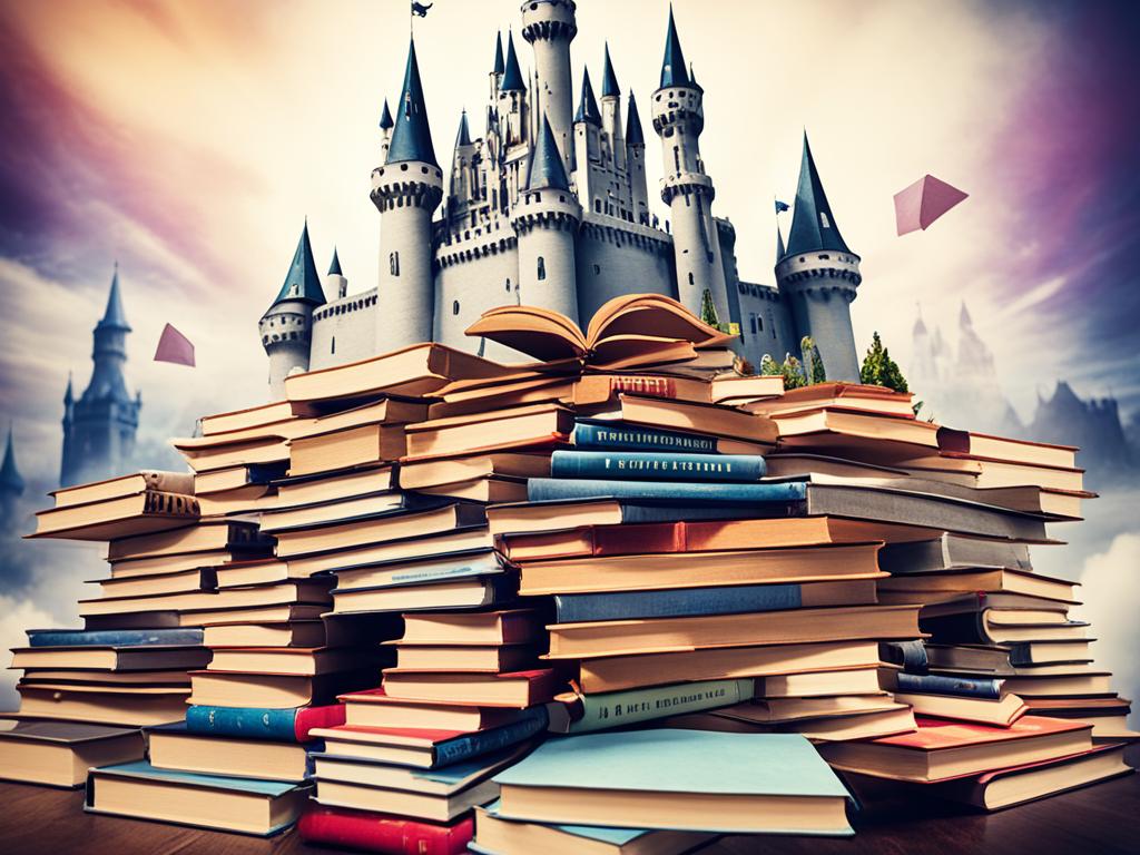 An image of a majestic castle with towers and spires made from stacks of books. The castle is surrounded by a moat overflowing with ink, symbolizing the endless stream of ideas and stories that make up the literary canon. In the foreground, a group of diverse readers can be seen approaching the castle, their faces eager and curious as they embark on a journey of discovery through classic literature. The sky overhead is a vibrant mix of colors, representing the vast array of emotions and themes explored in classic works of literature.