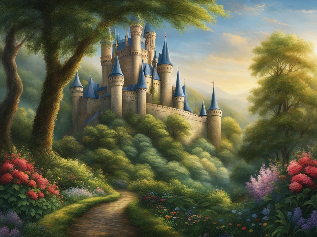 An image of a majestic castle nestled in a lush green forest. The castle is adorned with elaborate details and have multiple spires. The surrounding forest is filled with vibrant flora and fauna, including colorful birds and wildflowers. The image evokes a sense of timeless beauty and literary magic.