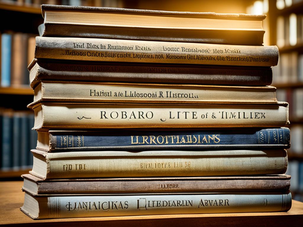 A stack of weathered books, placed on top of one another, with their spines facing outward. Shadows cast across the stack from an unseen light source. Each book's cover has a unique design, showcasing the variety of literary works. The stack is situated in front of a grand library, with shelves stretching up to the ceiling and a rolling ladder off to the side. The library is dimly lit with antique chandeliers hanging from above.