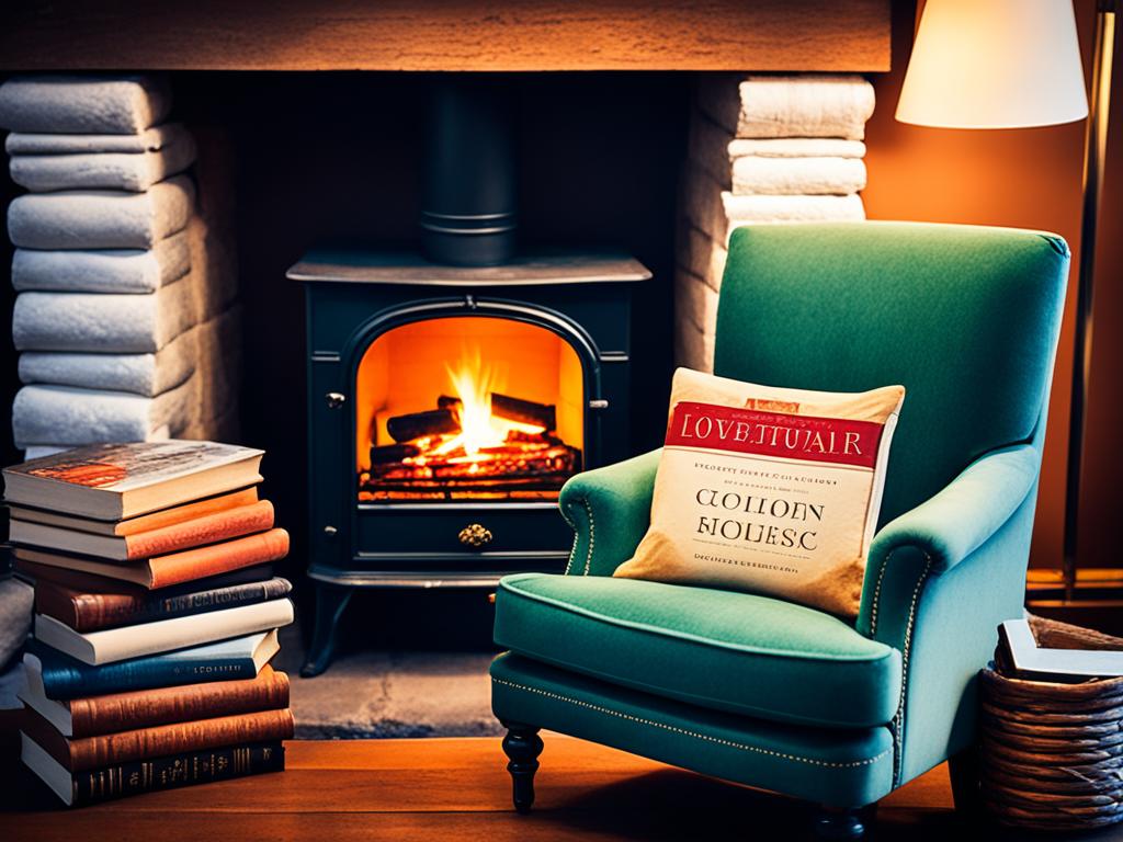 A cozy armchair in front of a fireplace, with a stack of classic literature books on a nearby table. The glow of the fire illuminates the room, inviting the reader to settle in and escape into timeless tales of adventure, romance, and human nature.