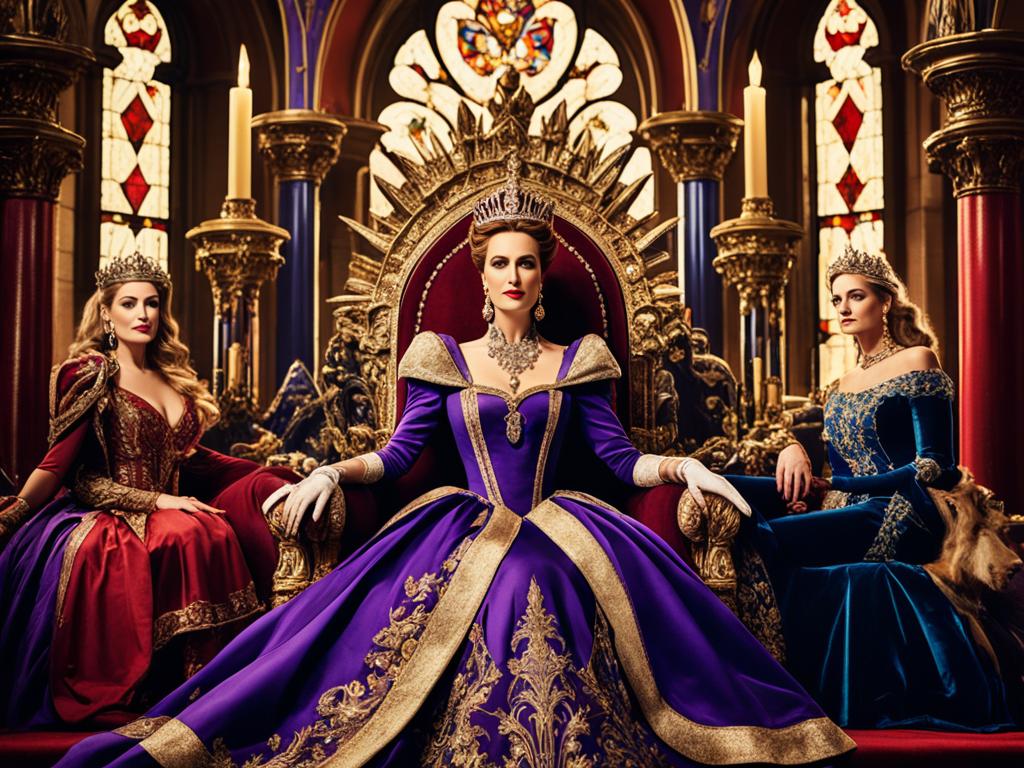 A regal queen sitting on a throne adorned with gold and jewels, surrounded by courtiers dressed in lavish clothing. Rich colors like deep purples and reds fill the room, and sophisticated tapestries hang from the walls. A sense of opulence and power pervades the image.