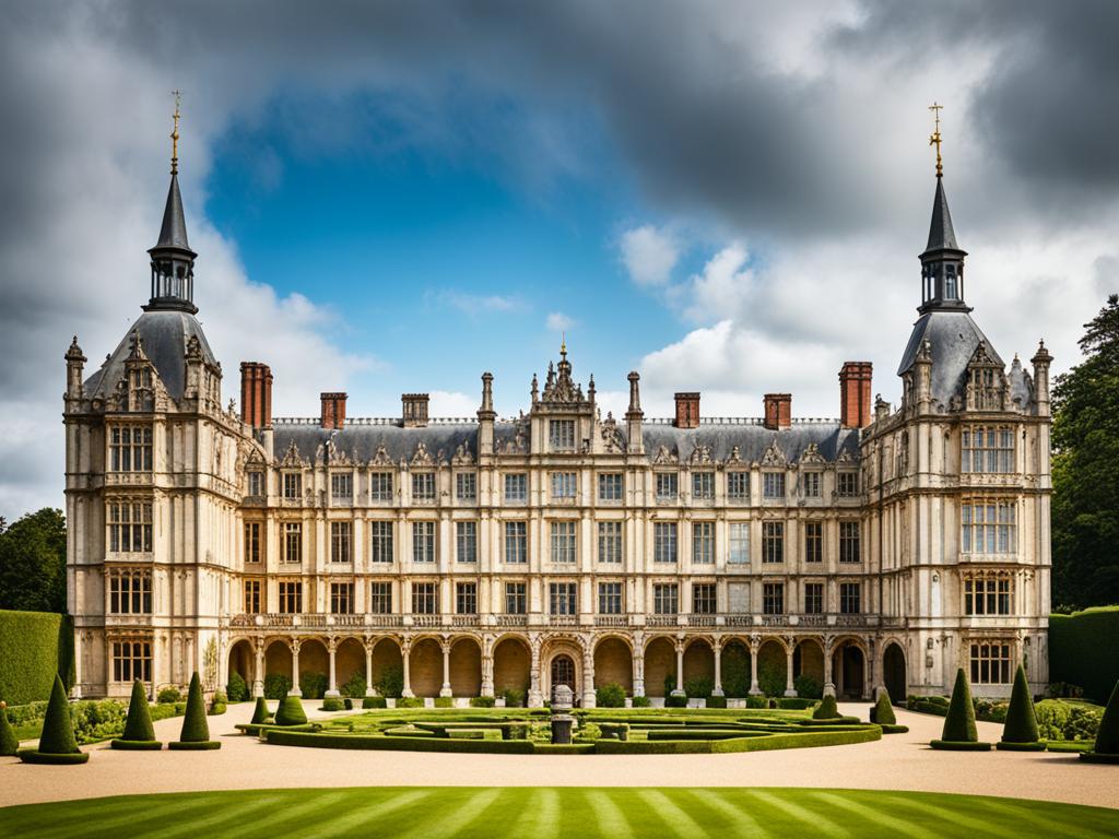 An image of an Elizabethan palace with sophisticated details in its architectural design, featuring grand archways, towering spires, and ornate carvings. The palace has a regal and imposing presence, with a sense of strength and power emanating from its walls. The surrounding landscape is lush and green, with gardens filled with colorful flowers and carefully trimmed hedges. The sky above is bright blue with fluffy white clouds, giving the impression of a perfect summer day in England.