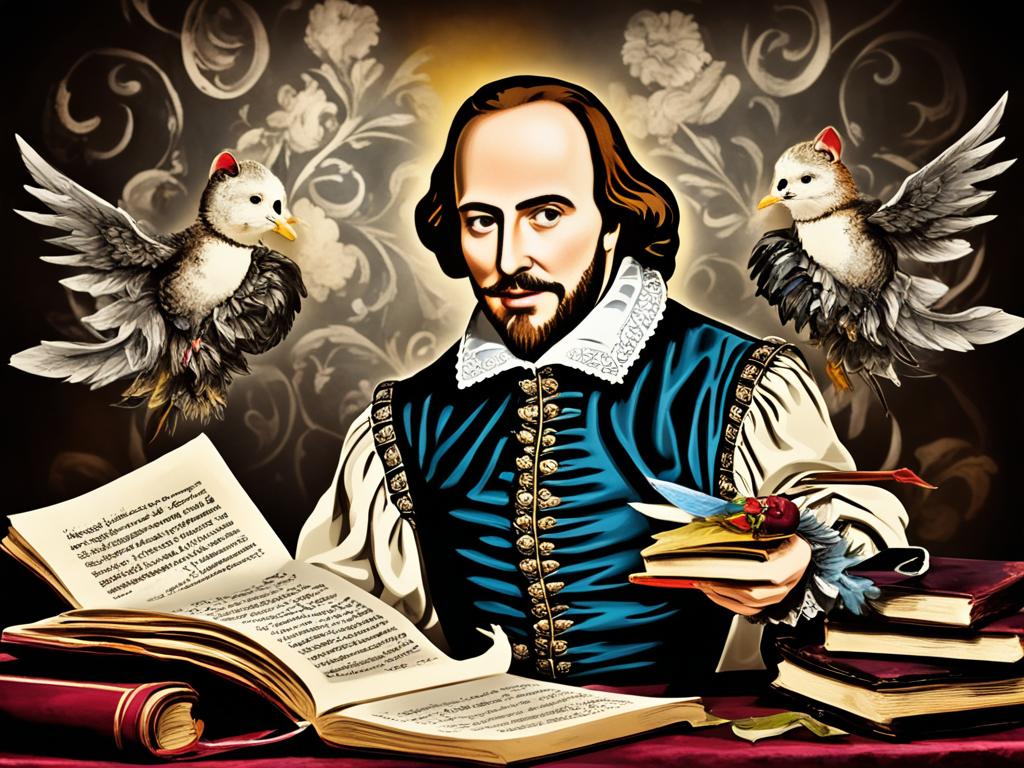 An image of William Shakespeare captured the essence of the Elizabethan's Era. It focus on the theatrical aspect of the period, with bold colors and dramatic lighting. It includes elements that symbolize the flourishing of England's literature and poetry during this time, such as quills, inkpots, and scrolls. The image uses a combination of traditional and modern styles to showcase the enduring legacy of Shakespeare's work.