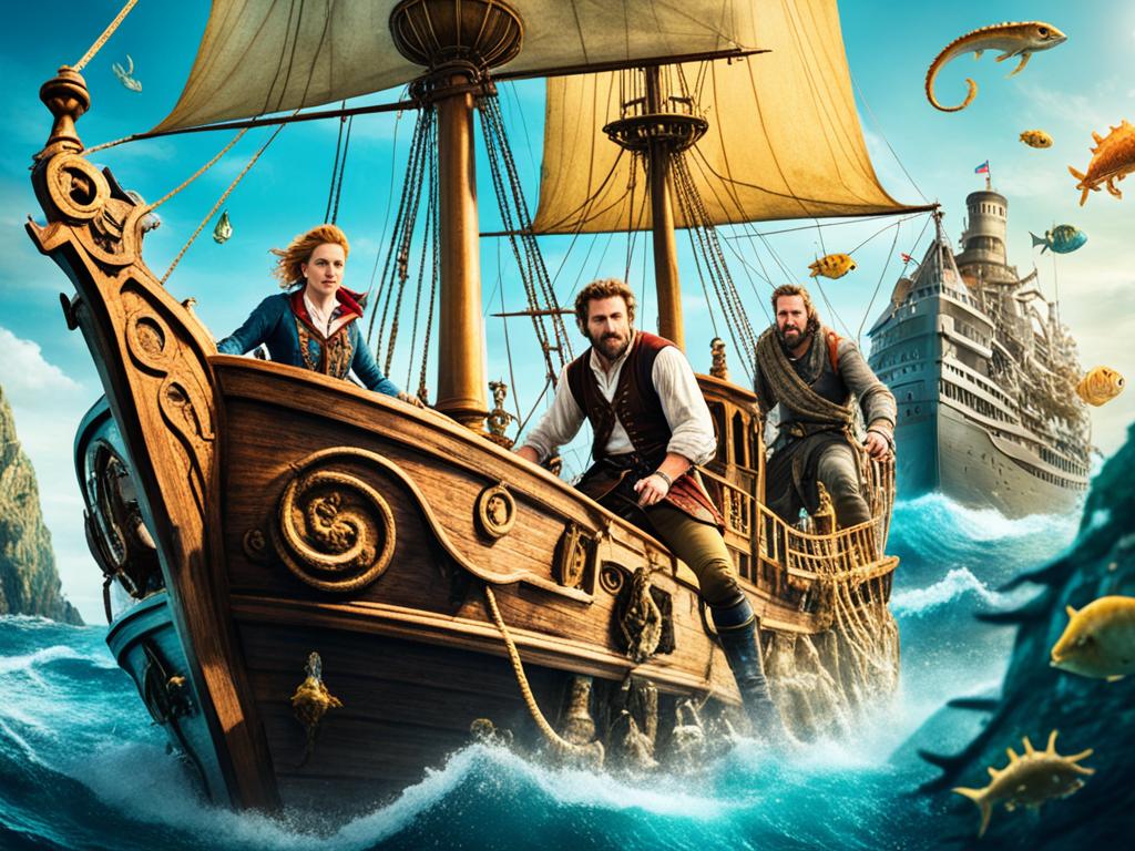 A ship sailing through uncharted waters, surrounded by sea creatures and mythical creatures, as the crew reaches new lands and discovers treasures during the Elizabethan's Era.