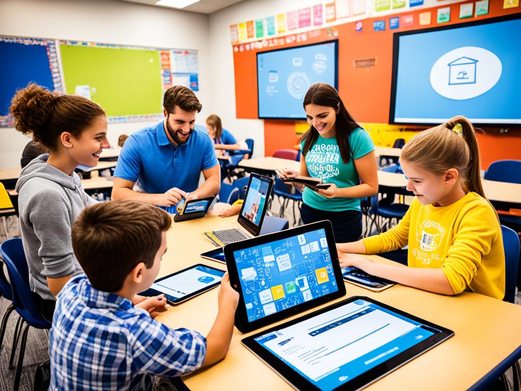 An image of a classroom where students are engaged in interactive learning through the use of multimedia devices such as tablets, laptops, and smartphones. The image shows the students working on projects, participating in group discussions, and exploring virtual simulations to enhance their learning experiences. Bright colors and dynamic visual elements are used to convey the excitement and energy of modern educational technology.