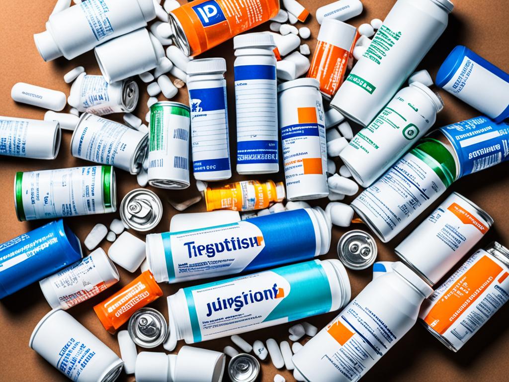 A jumbled pile of prescription pill bottles on a cluttered desk, surrounded by empty energy drink cans and crumpled tissues.