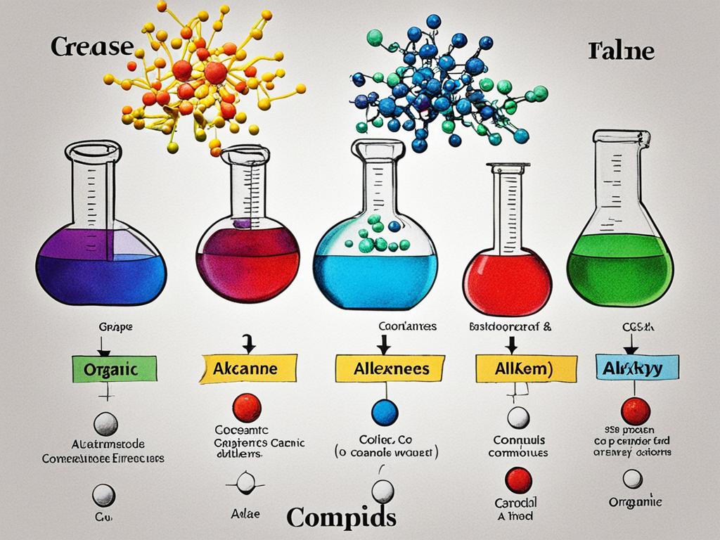 An image that visually represents the principles of organic chemistry. Colors and shapes are used to convey the different types of organic compounds, such as alkanes, alkenes, and alkynes. Include examples of common organic molecules, such as glucose, ethanol, or benzene. The image shows how these compounds can interact to form larger molecules through reactions like condensation and hydrolysis. Textures and patterns are used to represent the complexity of organic structures and the importance of molecular symmetry. Overall, the image captures the beauty and intricacy of organic chemistry.