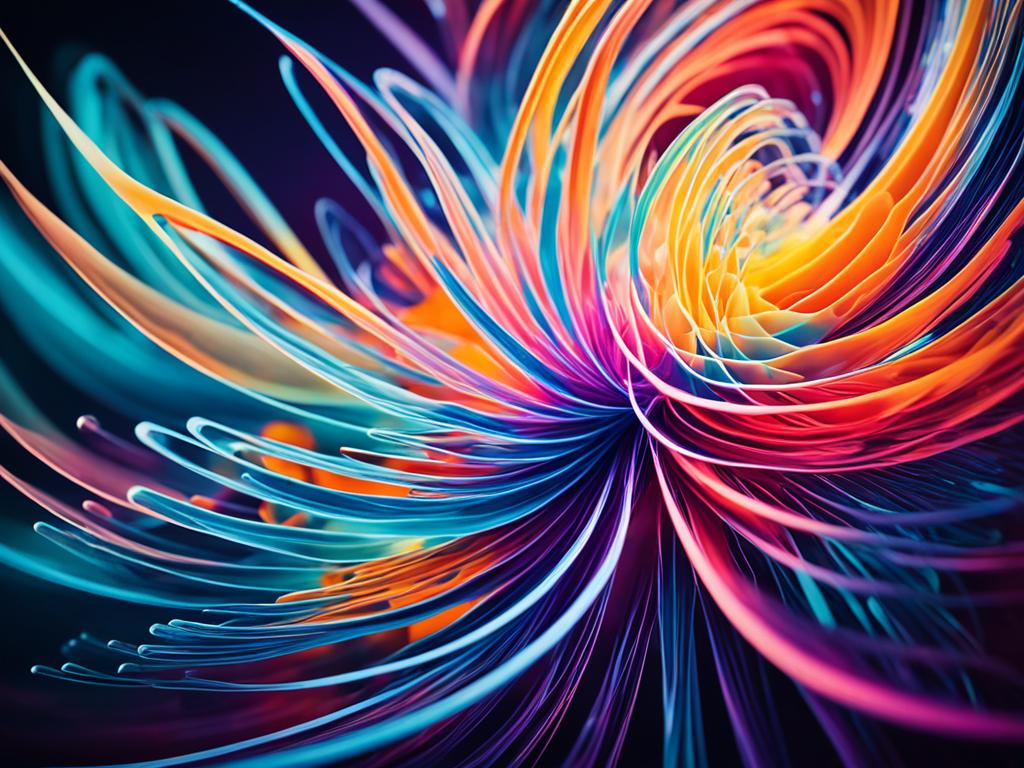 A vibrant abstract image featuring organic shapes and lines. The shapes is a representative of molecules, with various geometric patterns and colors to denote different chemical compositions. The lines between the shapes are dynamic and swirling, as if representing the movement of particles in a chemical reaction. The background has a soft gradient from light to dark to evoke the idea of experimentation in a laboratory setting. Overall, the image captures the energy and complexity of organic chemistry while remaining visually engaging and aesthetically pleasing.