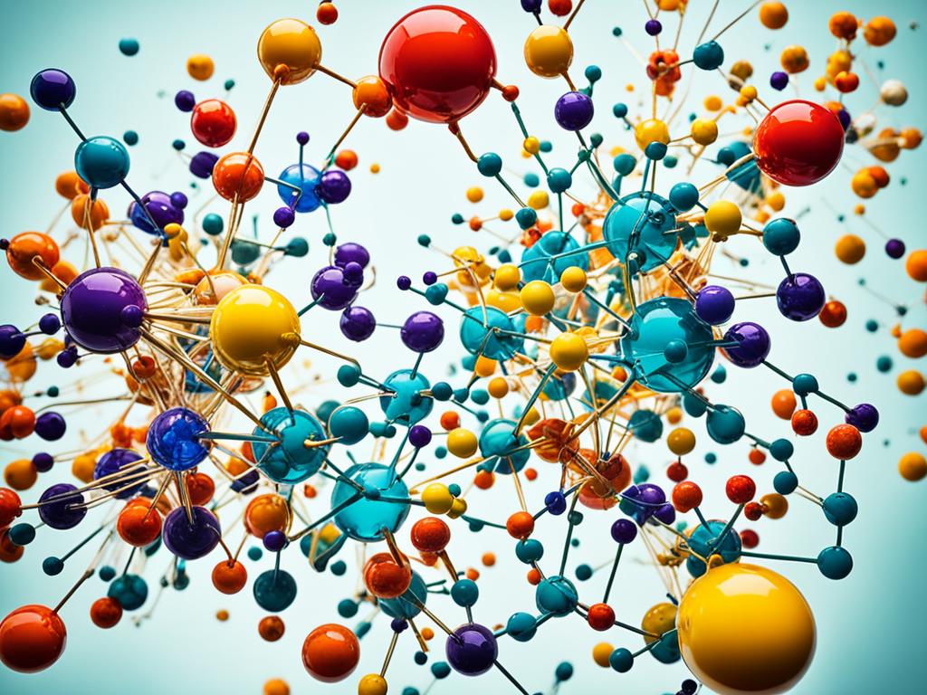 A cluster of colorful and abstract shapes that represent various types of compounds. Some shapes are interconnected, while others are floating freely. Warm and vibrant colors are used to showcase the diversity of these compounds and convey their complex nature.