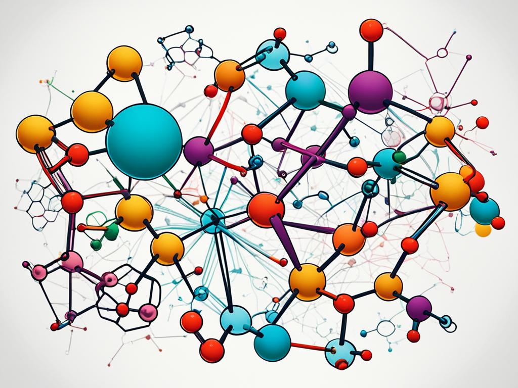 An image that conveys the complexity and interconnectedness of organic chemistry concepts through abstract shapes and lines. A vibrant color palette is used to represent the diversity of organic