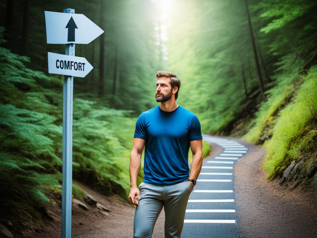 Self Improvement: A man standing at a fork in the road, one path leading to comfort and the other leading to challenge and growth. The path to comfort is paved and well-lit, while the path to growth is rocky and surrounded by obstacles. The man is deep in thought, contemplating his decision. Beside him, a signpost with an arrow pointing in direction.