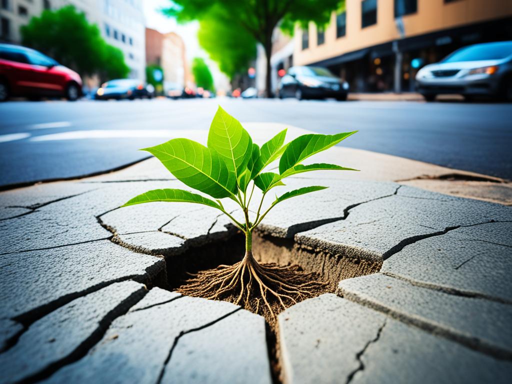 A tree growing from a cracked cement sidewalk, with roots spreading out and breaking through the concrete. In the background, blurred images of city buildings and hustle and bustle hint at the idea of overcoming obstacles and thriving in any environment.