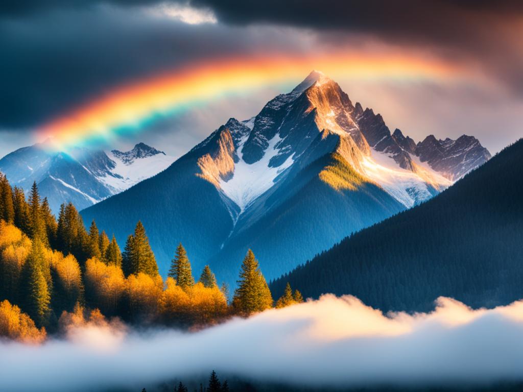 A bright rainbow piercing through the clouds and illuminating a mountain range ahead. The mountains symbolize the goals you want to achieve, while the rainbow represents your focused efforts towards reaching them. Warm and vibrant colors are used to convey optimism and determination.