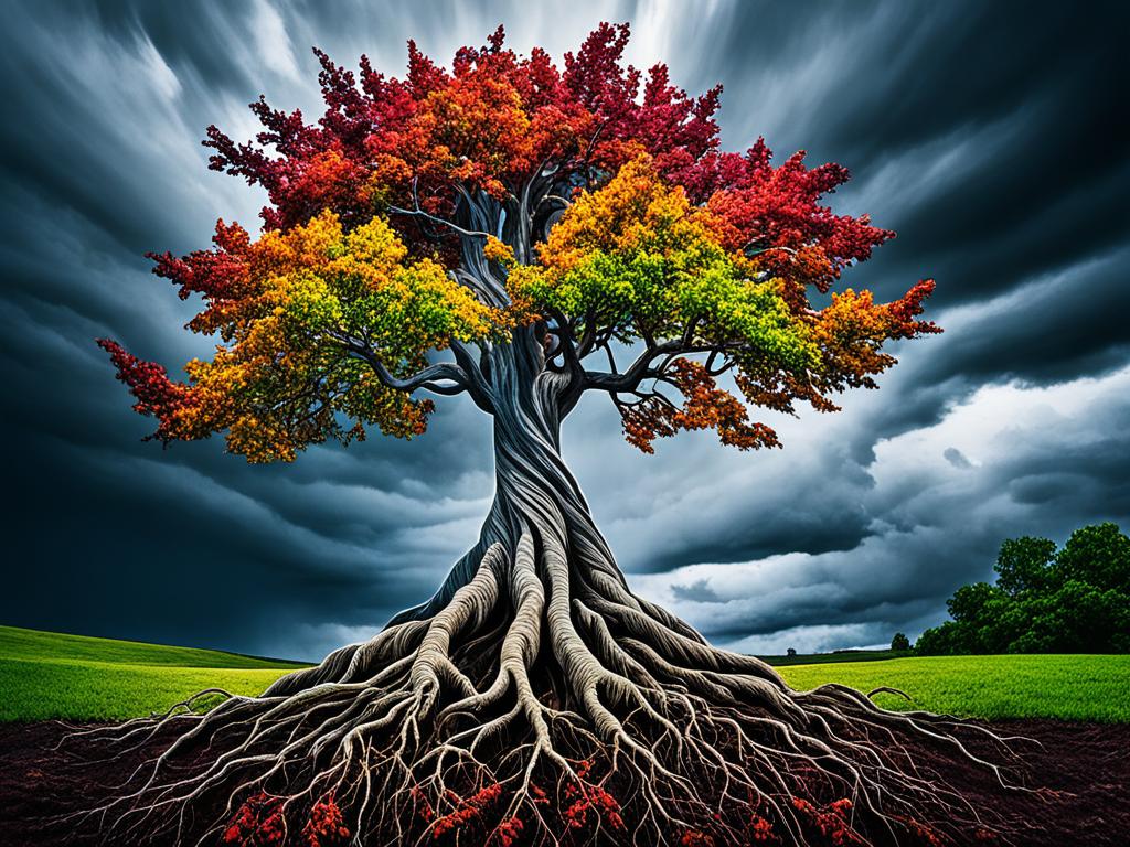 An image of a tree with strong roots and vibrant, colorful leaves standing tall amidst a stormy and turbulent sky, symbolizing the power of emotional intelligence to weather any challenge and thrive in the face of adversity.