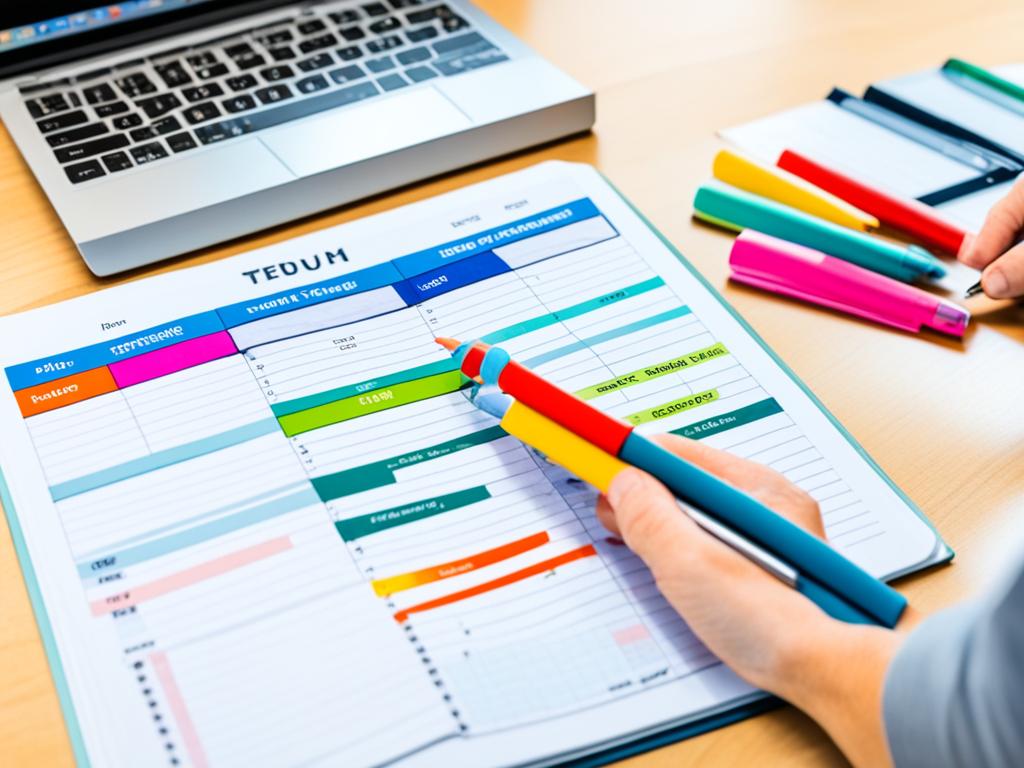 A person sitting at a desk with a clock above them, pulling out a color-coded schedule from their planner.