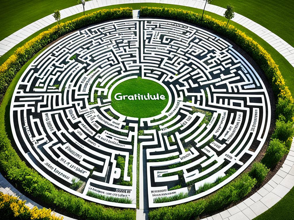 A circular maze with positive words and phrases written on the path, such as "gratitude," "self-love," and "growth mindset." The center of the maze features a mirror reflecting the image of the viewer, suggesting that self-reflection is key to cultivating positive habits for personal growth and success. The whole image has a bright and uplifting color palette to reinforce the theme of positivity and mental wellness.