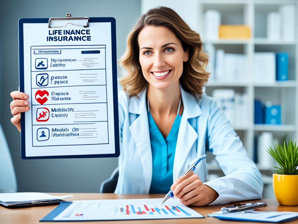 An image of a female health worker standing on a balance scale with one side labeled "Life Insurance" and the other side labeled "Health Insurance". She's smiling while holding a clipboard and pen, trying to decide which policy to choose. The background, picture images of medical equipment and a doctor's office.