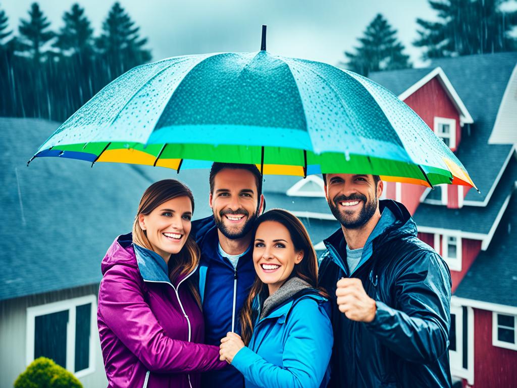 A colorful umbrella shielding a group of people from rain drops while standing on top of a house, symbolizing the extra layer of protection that umbrella insurance provides.