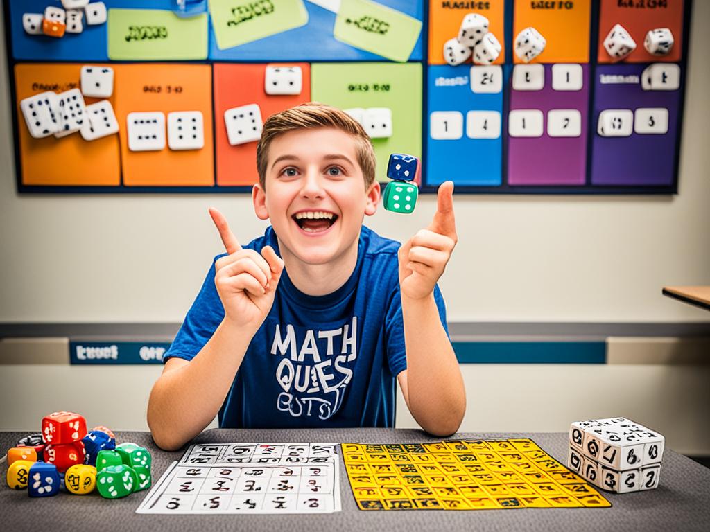 An image of a student sitting at a desk, surrounded by game pieces and game boards. One of the game boards is labeled "Math Quest" and the student is holding a dice in their hand, ready to roll it. The student looks excited and engaged in the learning process.