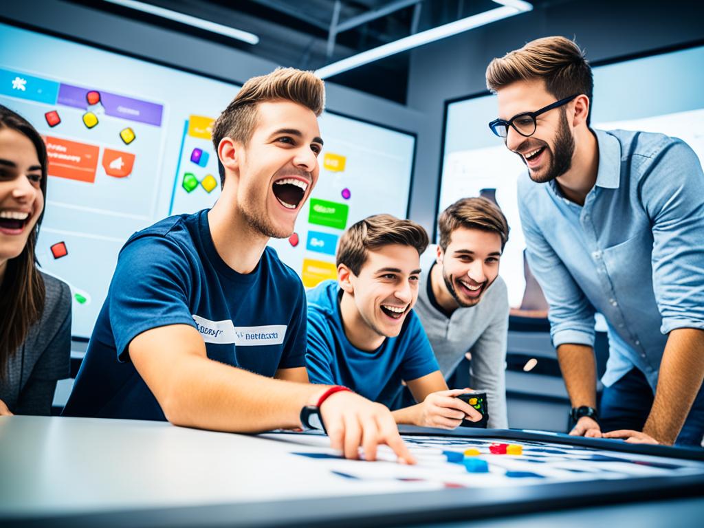 A group of students happily playing a video game together, while also appearing to learn and engage in educational topics such as math and science. The game's interface is visible, showing progress bars, achievements and other gamification elements. A whiteboard in the background also displays educational concepts.