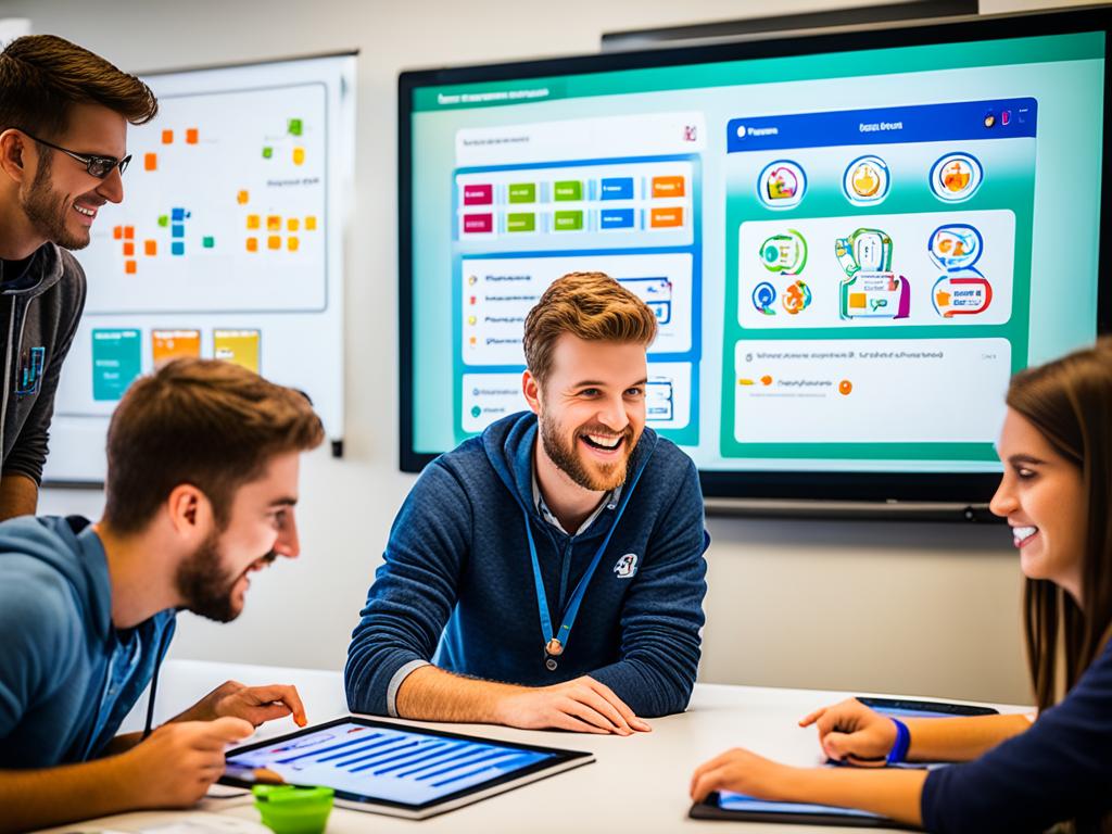 A group of students are gathered around a screen, all smiling and engaged as they work together to solve a challenging educational game. The screen displays colorful visuals and interactive elements, with progress bars and feedback to keep the students motivated. One student is using a tablet to control the game, while others input solutions on a nearby whiteboard. In the background, the classroom setting is visible with posters and learning aids on the walls. The overall atmosphere is one of excitement and collaboration, as education becomes a fun and immersive experience through gamification.