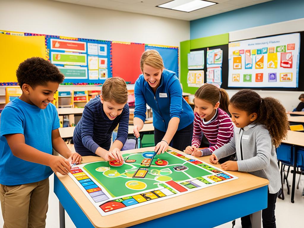 An image of a classroom setting with game elements added into the curriculum. Students are engaged in hands-on activities, such as using game boards, digital tools, or interactive exercises. It shows a sense of excitement and playfulness to the scene, with bright colors and dynamic shapes. The image showcases how these game elements are enhancing the learning experience and making education more fun and engaging for everyone involved.