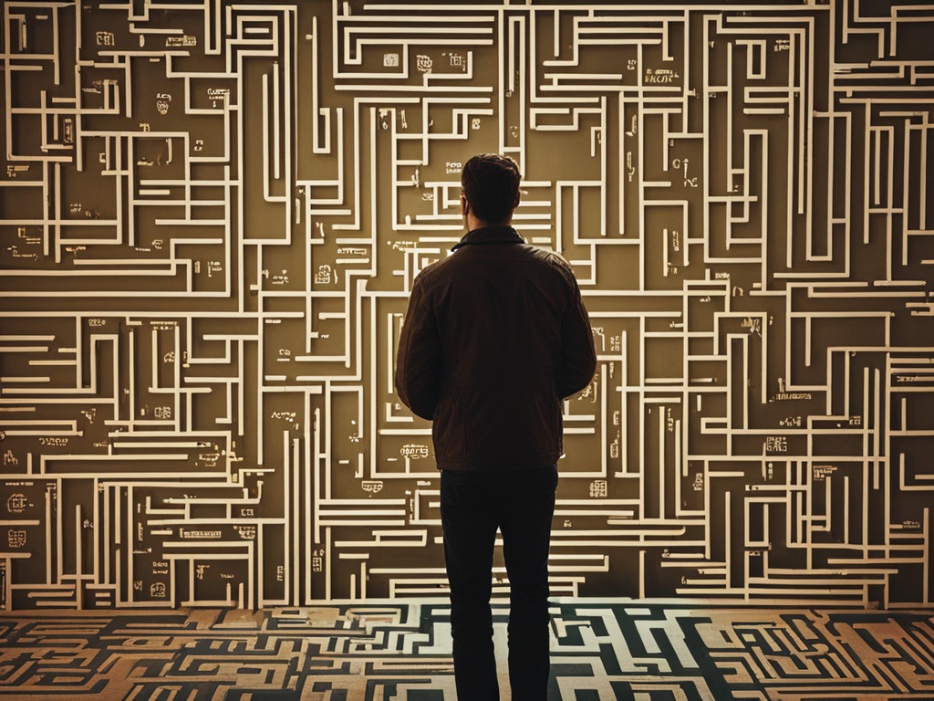 A man holding a jar while standing in front of a maze of paths, each one labeled with a different expense category (such as rent, food, entertainment, etc.)