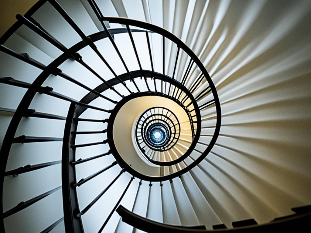 A winding staircase leading up towards a radiant light, with a figure at the base of the stairs looking up in anticipation.