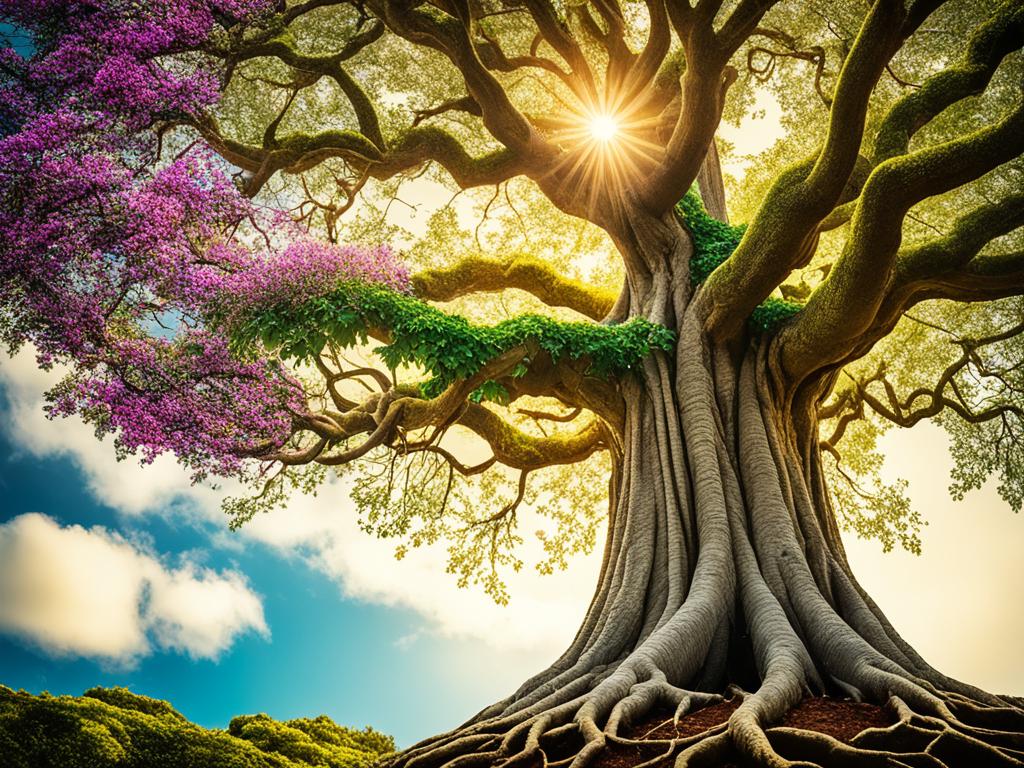 Life Coaching: A towering tree with roots deeply anchored in the ground, surrounded by vibrant plants and flowers flourishing in its presence. The top of the tree reaches towards the sky, symbolizing personal growth and potential. The background is filled with a warm, golden glow to represent the positive energy and possibilities that come with unlocking one's potential.