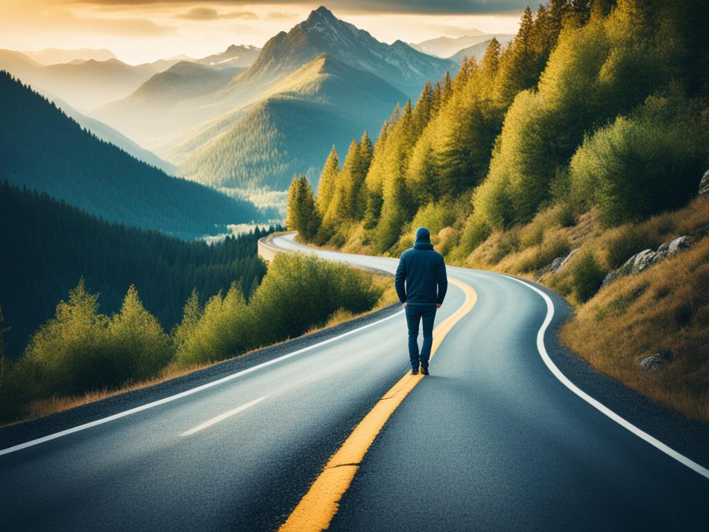 An image of a winding road leading towards mountains in the distance, with a person standing at the beginning of the road looking towards the horizon. The road is lined with trees and have various obstacles along the way, symbolizing the challenges that come with discovering one's life purpose. The person have a determined expression on their face, showing their willingness to overcome those challenges and pursue their goals.