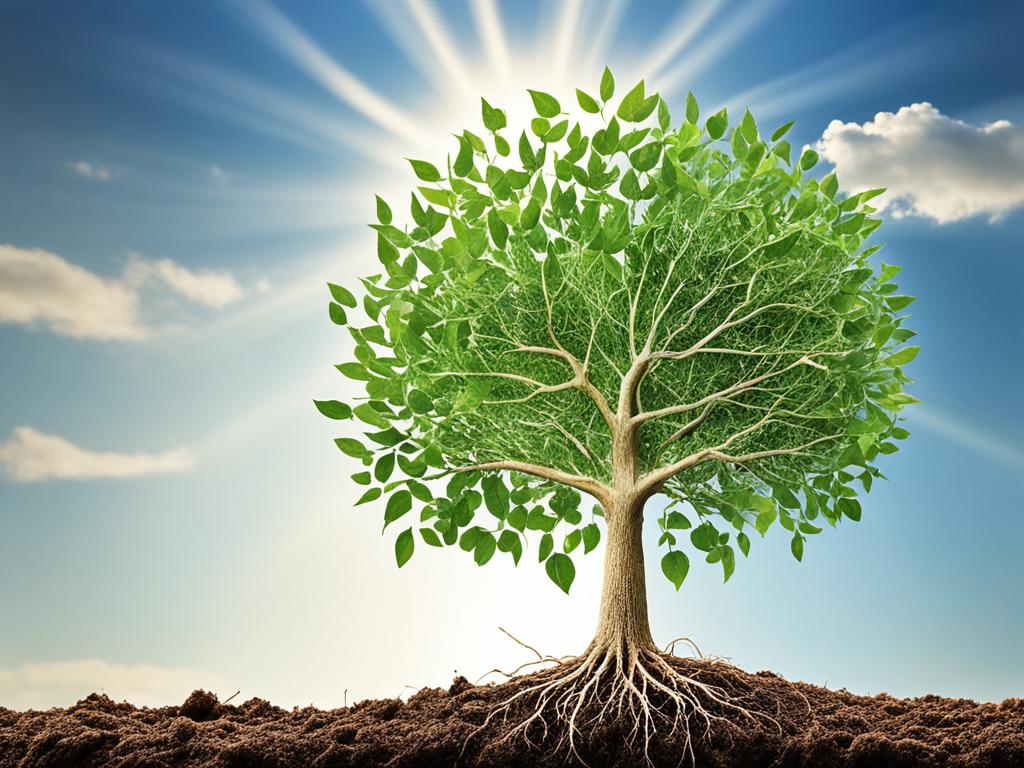 A tree growing from a small seed, with roots spreading out and branches reaching up towards the sky. The image shows the tree overcoming obstacles, adapting to changes in the environment, and continually growing stronger and taller. It includes elements of nature, such as sun, rain, and wind, to symbolize the different challenges that the tree must face in order to thrive. Soft colors are used to give a sense of calmness and peacefulness.