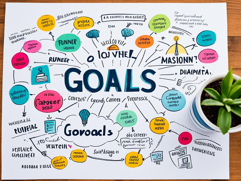 A vision board with images that represent different areas of life, such as career, finances, relationships, health and personal growth. Each image represents a specific goal that the person wants to achieve in that area. For example, an image of a diploma for career goals, a stack of money for financial goals, a couple holding hands for relationship goals, a runner crossing the finish line for health goals, and a book for personal growth goals. The images is arranged in a way that feels organized and purposeful.