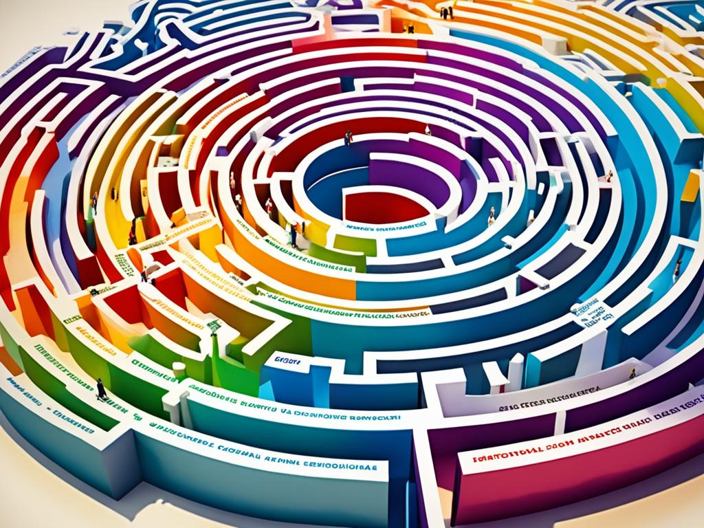 A colorful maze representing the journey to emotional intelligence, with various obstacles and challenges to overcome along the way. The maze has twists and turns, dead-ends, and paths that lead to success. At the end of the maze, there is a bright and open space symbolizing the achievement of emotional intelligence and success.