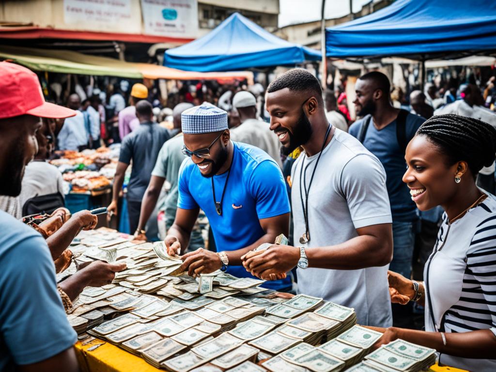 A bustling street market in Lagos, with vendors selling and exchanging various currencies from around the world. People from different nationalities can be seen trading money, reflecting the global nature of business in Nigeria. The image is energetic and vibrant, with a sense of movement and excitement.