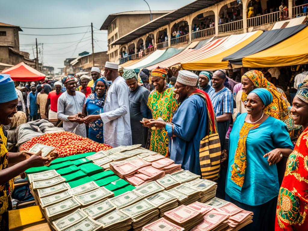 A bustling market scene in Nigeria with different currencies being exchanged between locals and foreigners. The backdrop features recognizable Nigerian landmarks and traditional elements, like colorful fabrics and local food stands. The focus is on the vibrant energy of the market and the diverse range of people engaging in foreign exchange transactions.