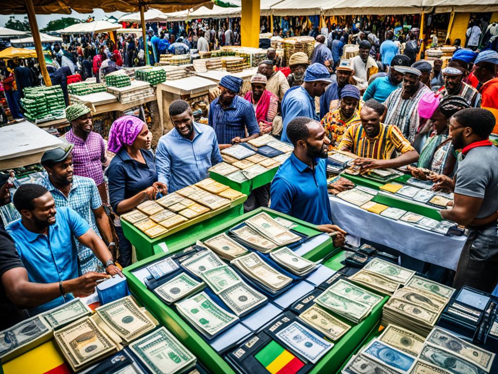 An image of a bustling marketplace in Nigeria, with various types of currency on display and exchange booths scattered throughout. The image shows individuals from different backgrounds engaging in the foreign exchange, including businessmen, tourists, and locals. It uses vibrant colors and emphasize the diversity of the participants.