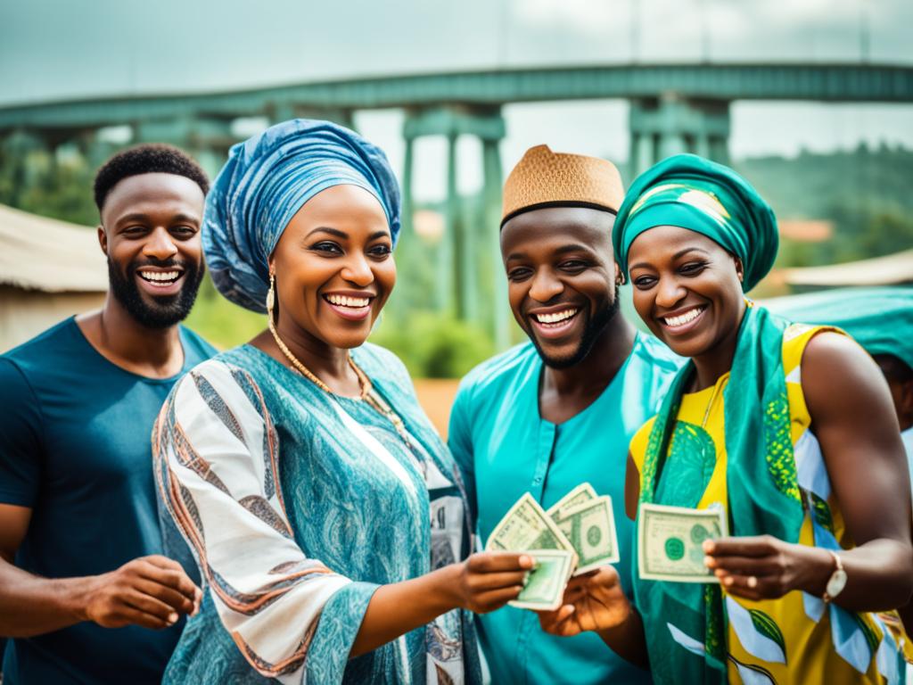 A group of people from different parts of Nigeria exchanging money, with an image of the environment in the background.