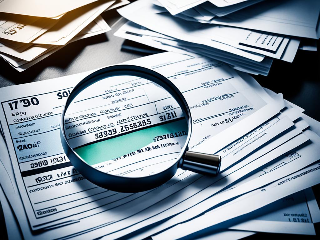 Personal Finance: A pile of papers, bills, and credit card statements all stacked haphazardly, with a magnifying glass hovering above them. The magnifying glass is highlighting a specific statement, drawing attention to its importance. Shadows are cast over the pile, amplifying the feeling of being overwhelmed by debt.