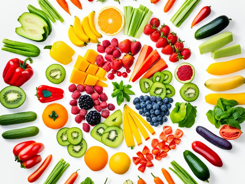 A colorful array of fresh fruits and vegetables arranged in a circular pattern on a white background.