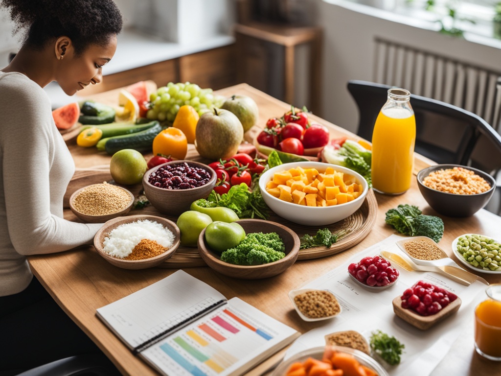 An image of a lady surrounded by different healthy food options, while simultaneously looking at a calendar and highlighting specific dates for meal planning. The lady is putting on a relaxed expression, conveying feelings of ease and organization. The image has a bright and inviting color palette, and includes elements such as fruits, vegetables, grains, and lean proteins to emphasize the benefits of meal planning for a healthier diet.