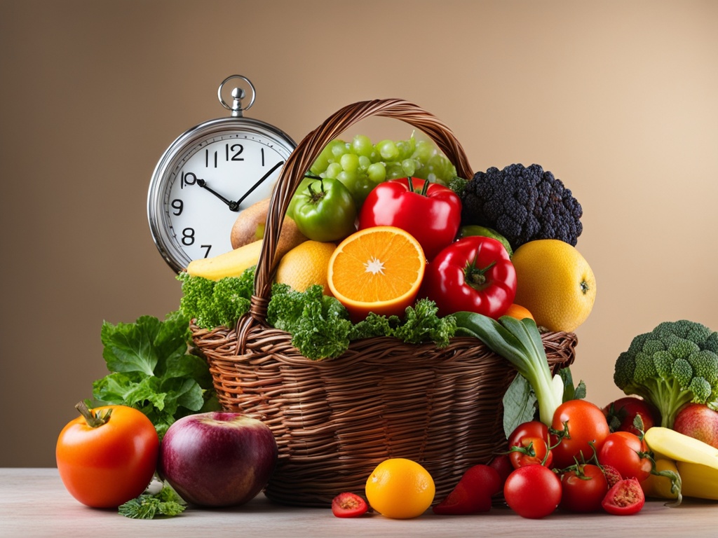 A colorful array of fruits and vegetables arranged neatly in a basket, with a clock. The image includes a touch of excitement, highlighting the benefits of saving time and eating healthier through proper meal planning.