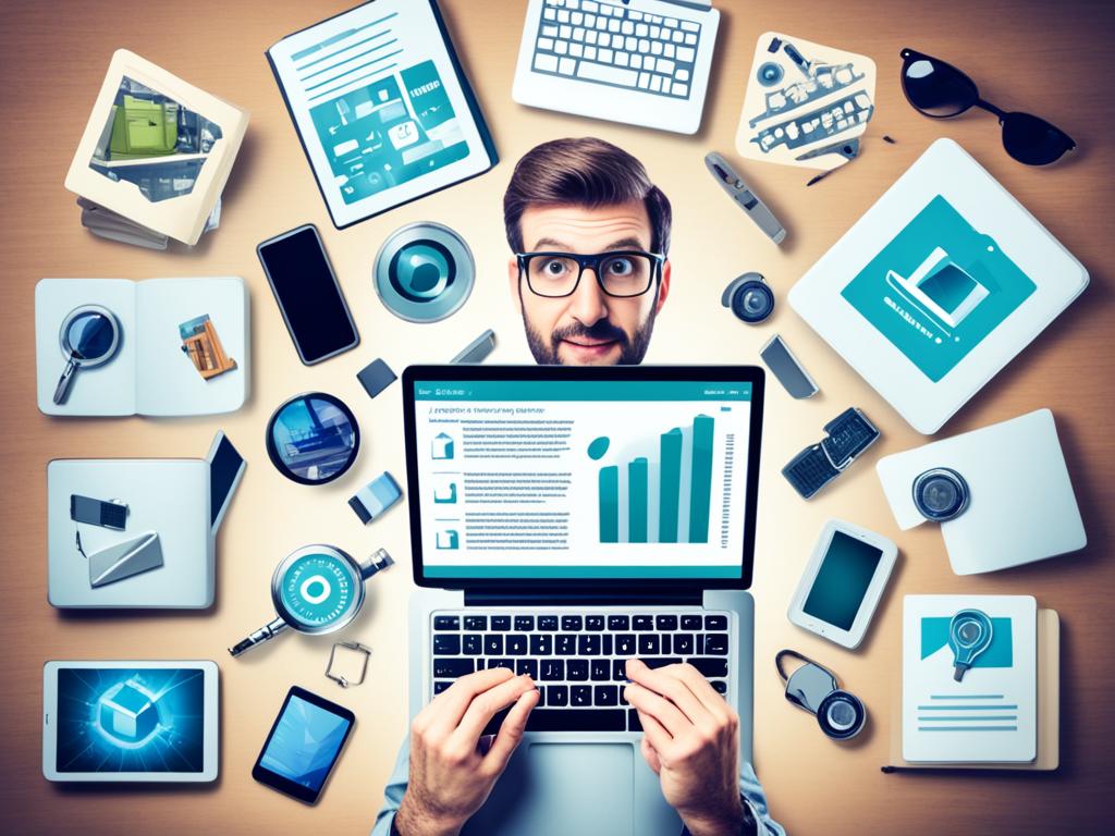 An image of a person holding a miniature book with a magnifying glass focused on it, surrounded by various electronic devices like laptops, smartphones, and tablets. The person looks engaged and interested in the contents of the tiny book while the electronic devices remain untouched and ignored. The overall image conveys the idea that microlearning is a powerful and efficient way of gaining knowledge, even in today's tech-savvy world.