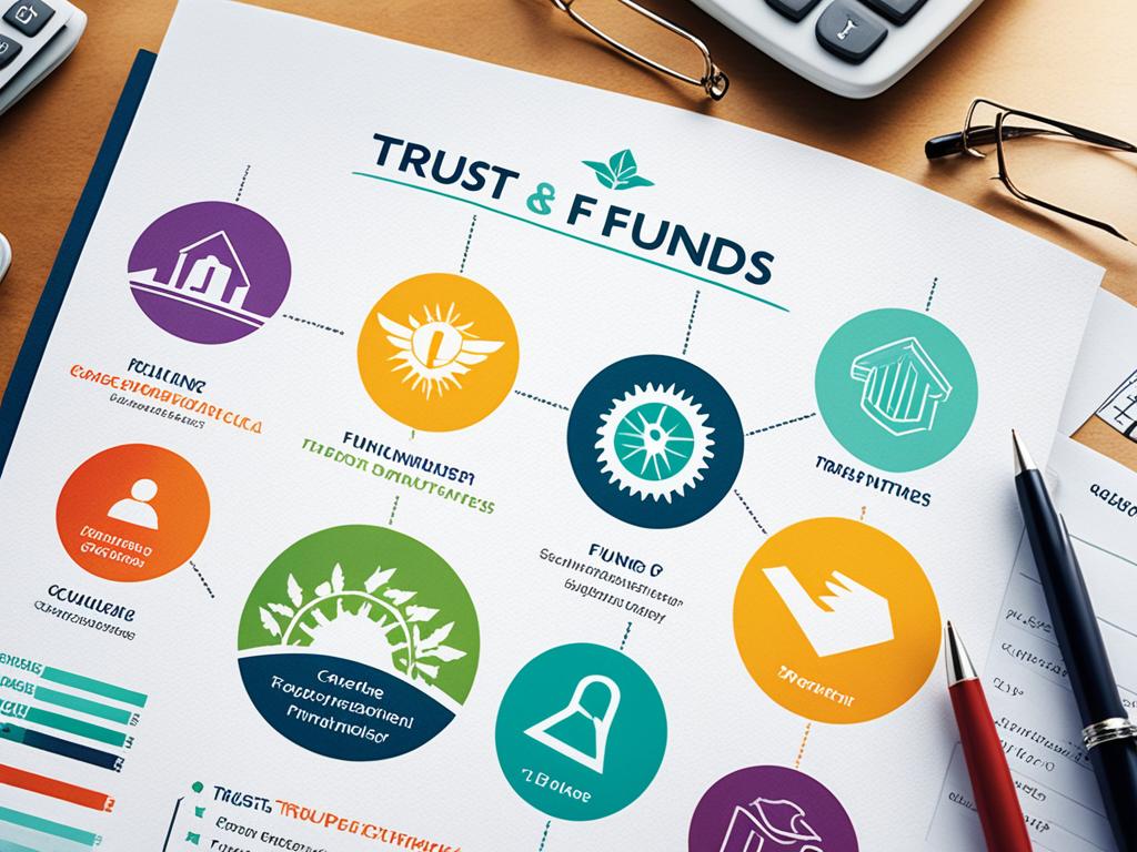 An image that showcases the different types of trust funds, with each type represented by a unique symbol or icon. Colors and shapes are used to visually differentiate between the types and highlight their respective purposes. The image includes a sense of sophistication and prestige into the design to reflect the exclusive nature of trust funds.