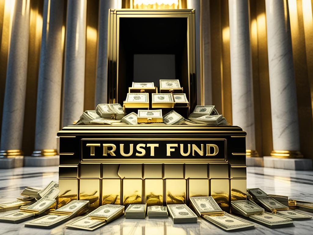 A gold-plated safe with the words "Trust Fund" engraved on the exterior, surrounded by stacks of cash, gold bars, and valuable assets. The safe is placed on a pedestal in a grand hall with marble floors and tall pillars. The room is dimly lit with rays of sunlight streaming through stained-glass windows.